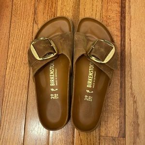 Birkenstock Madrid Natural Leather Oiled Gold Buckle Sandals